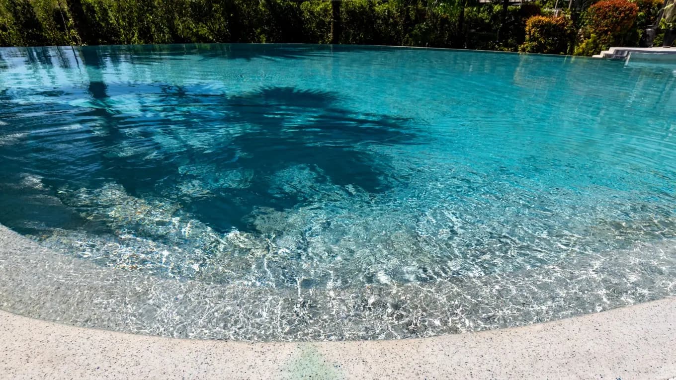 Palm shadow over clear water at a white beach-entry edge