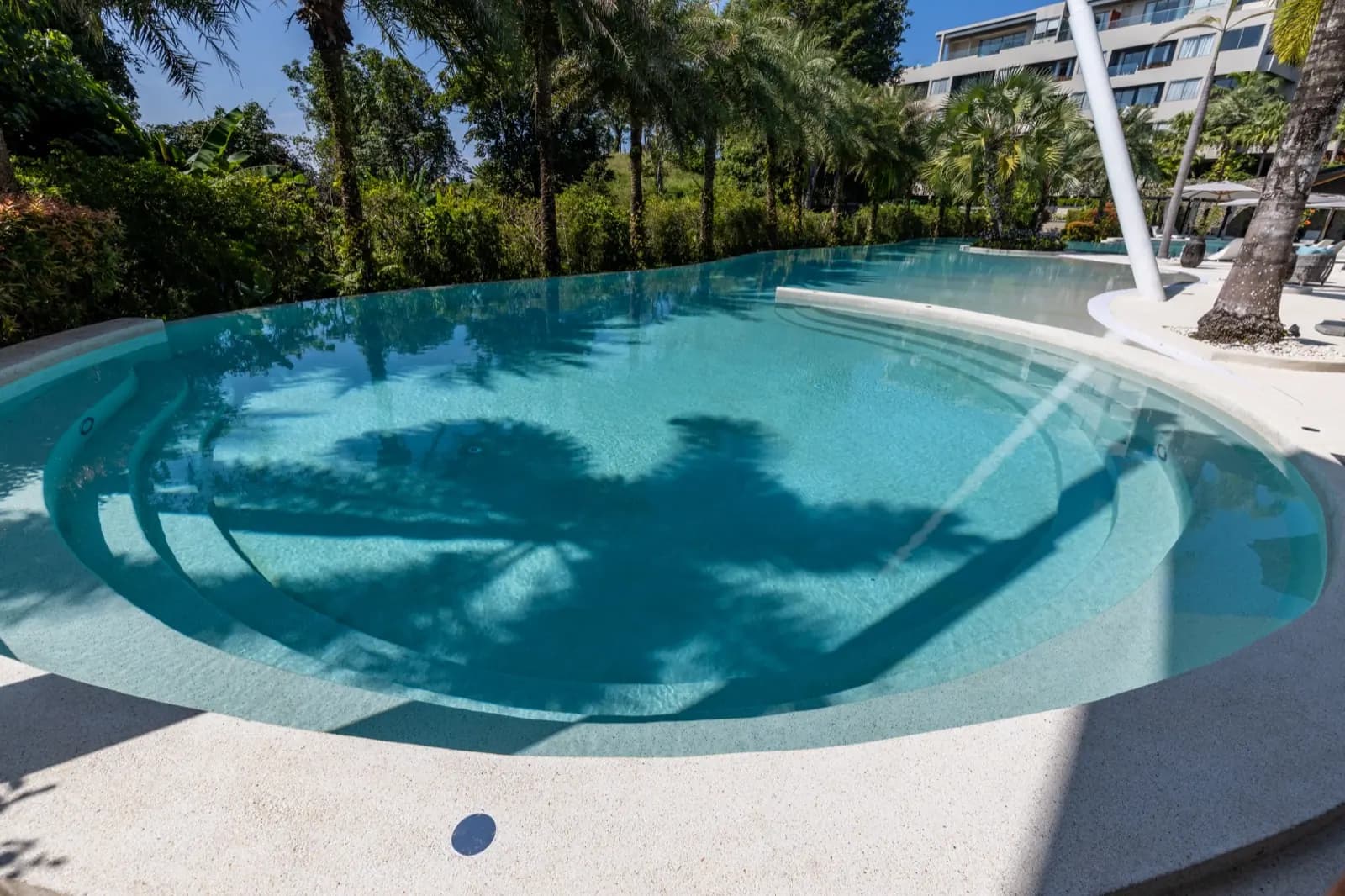 Round pool with inset steps and palm shadows on a white finish