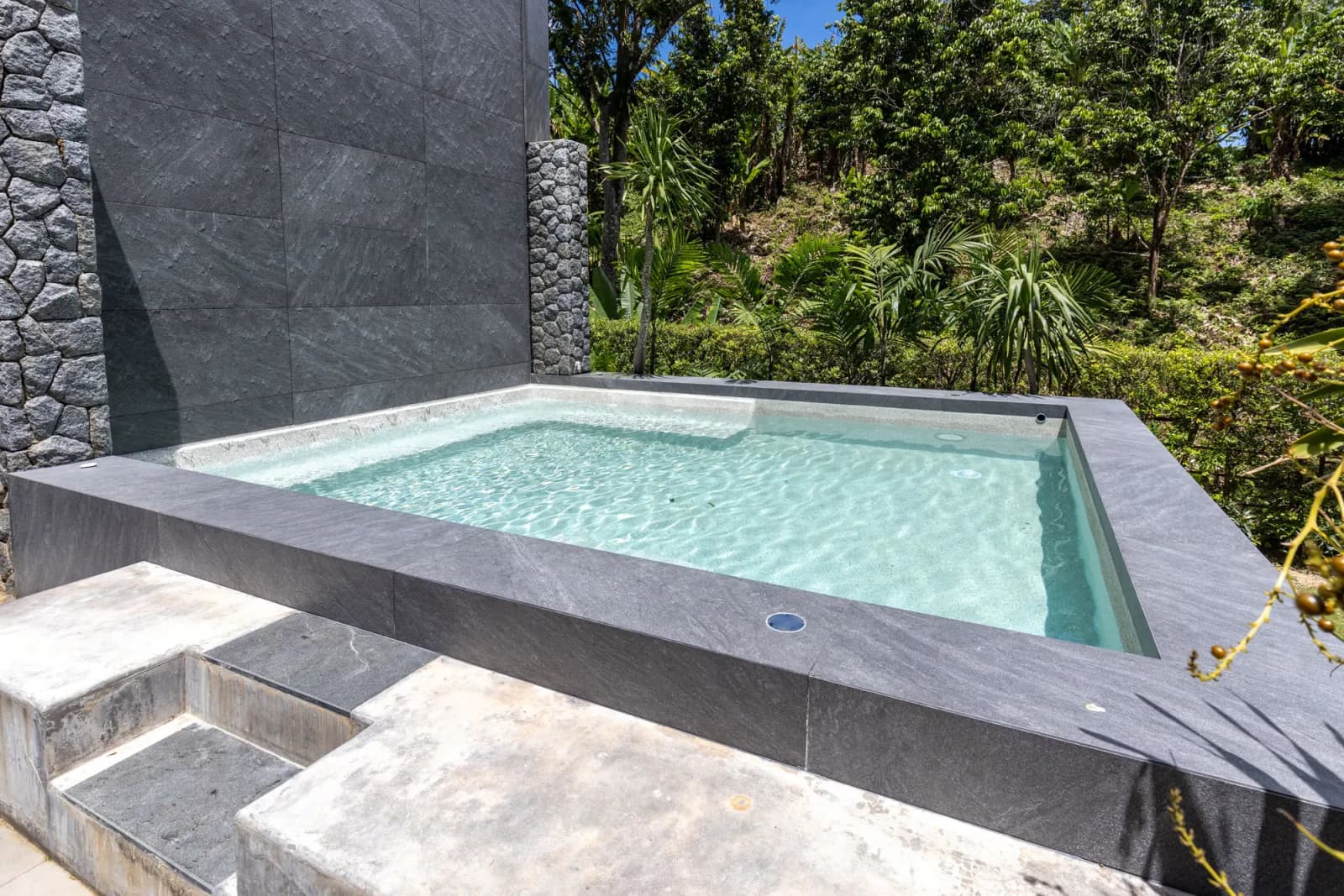 Plunge pool framed in dark stone on a tropical hillside