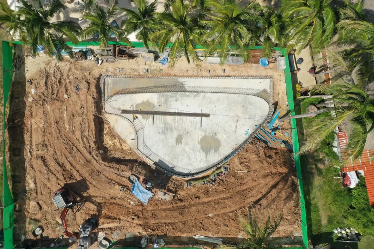Pool shell under construction seen from above, before finishing