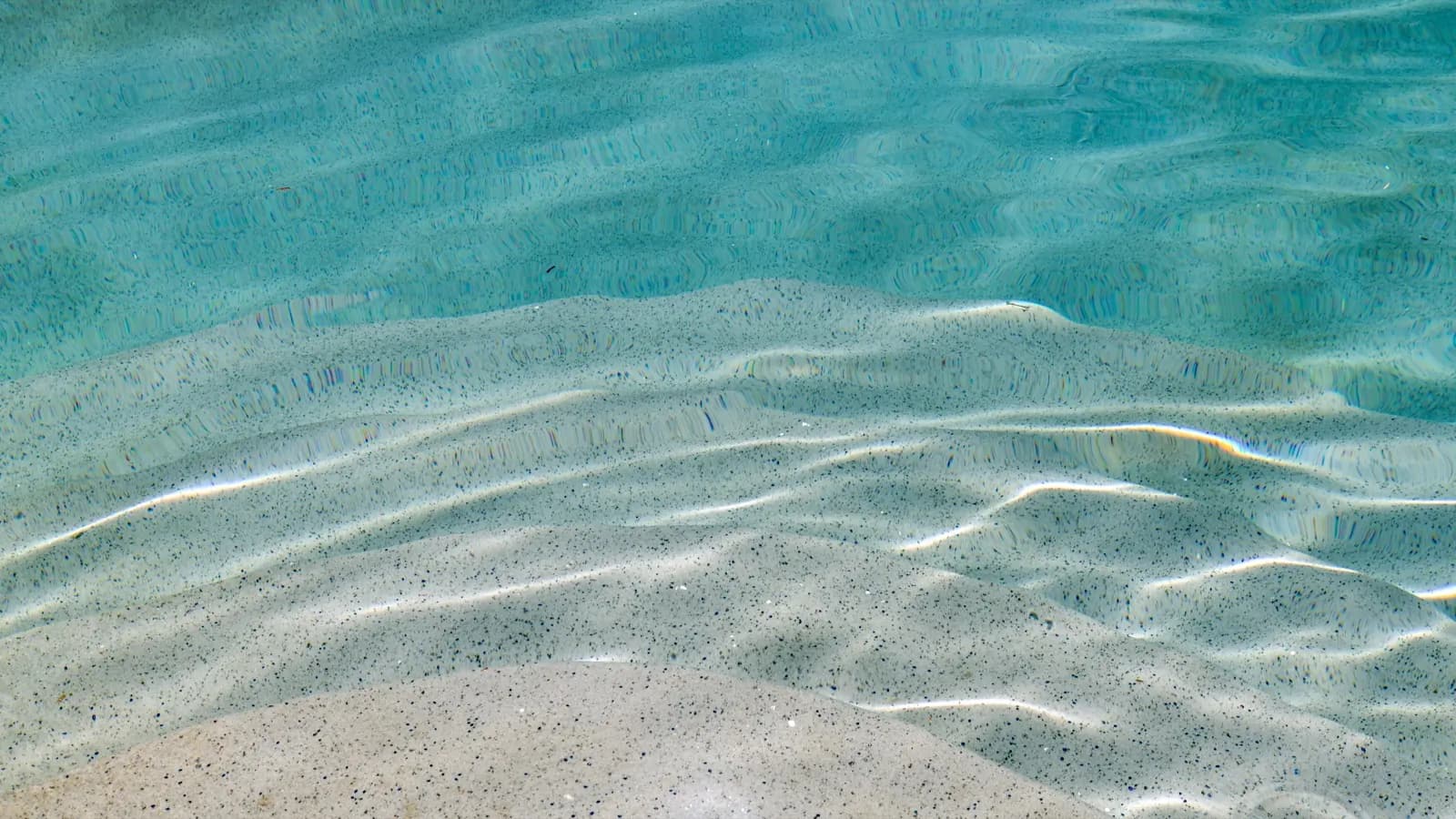 Sunlight ripples over a white pebble finish in shallow water